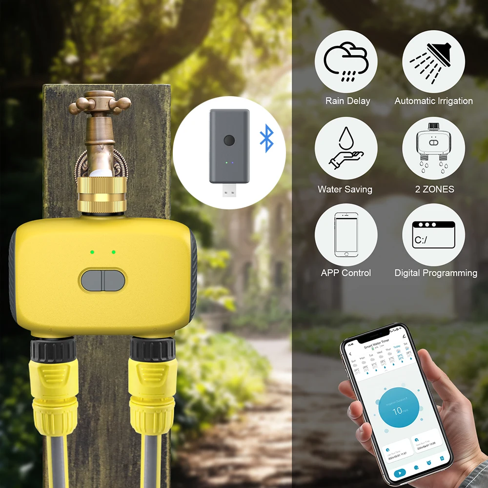 Bluetooth Smart Garden Sprinkler Water Timer 2 Way Rain Delay Timer Programmable Automatic Irrigation Controller Support Alexa
