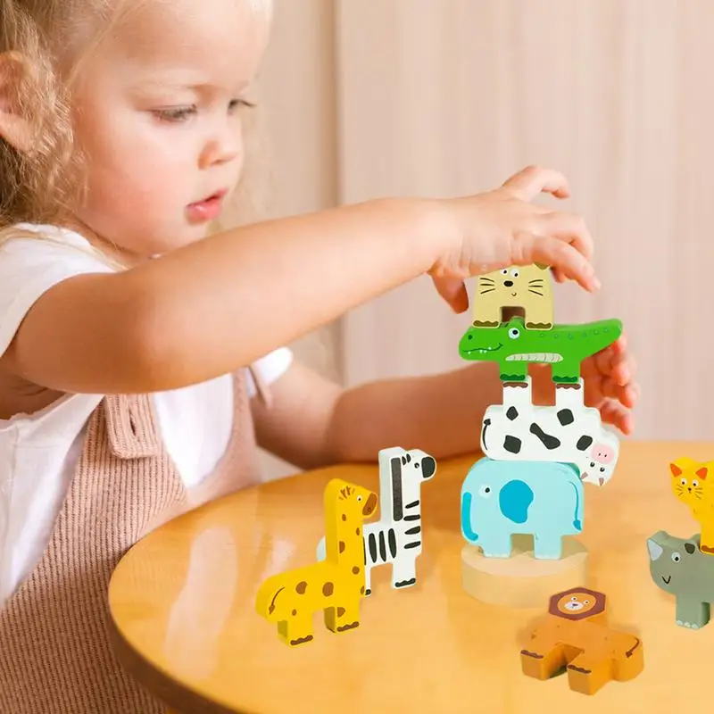 Wooden Animal Stacking Toys Animal Blocks Stacking Balance Toy Realistic Animal Image Learning Toy For Home Outdoors School