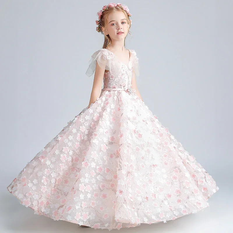 Children Elegant Girls Flower Maxi Dresses Wedding Birthday Party Long Evening Gowns Kids Formal Luxury Princess Pageant Dress