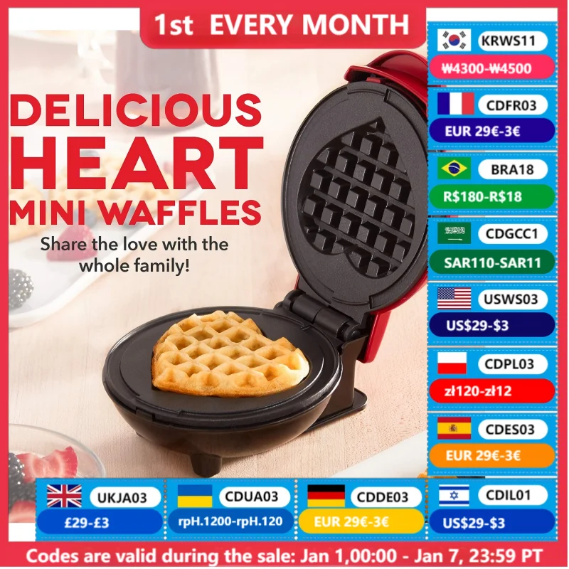 Multi Functional Mini Heart-shaped Waffle Maker, Double-sided Heated Breakfast Toaster, Portable Baking Machine