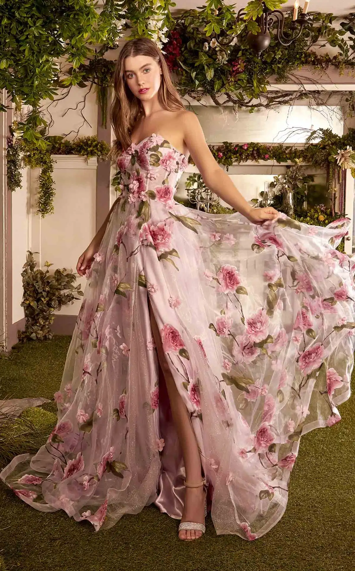Organza flor querida vestidos de baile sem alças babados sem costas moda moderna vestido de baile brilhante alta fenda vestido de noite