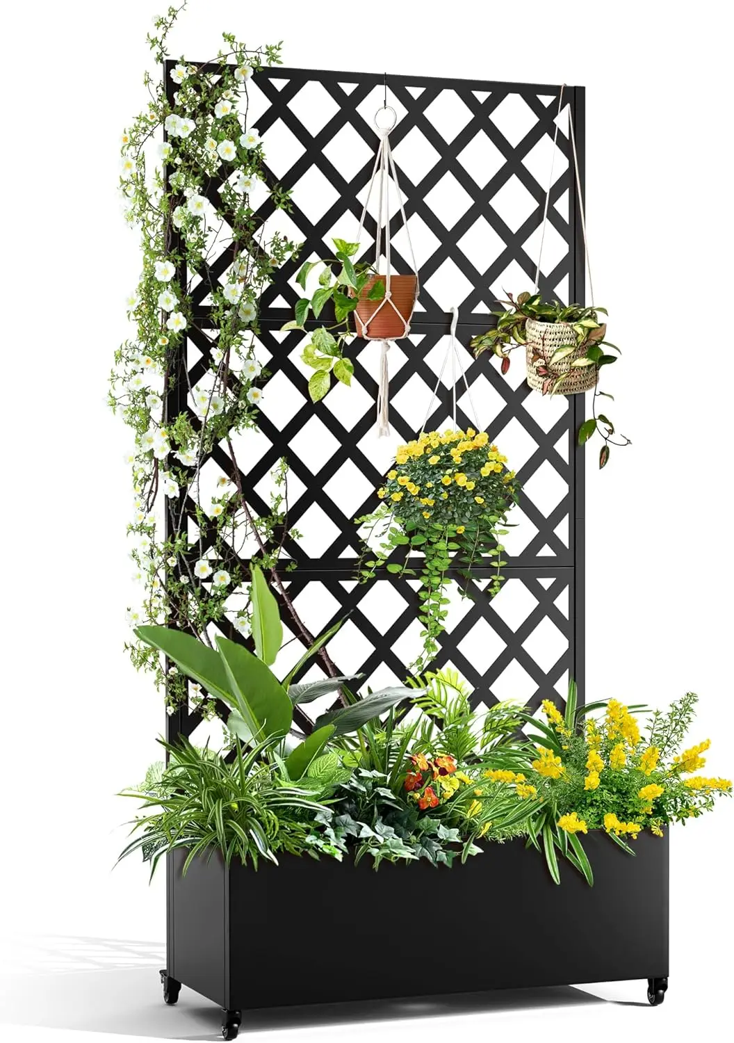 

Metal Planter Box with Diamond Lattice Trellis Planter Box for Climbing Plants/Vines, Galvanized Raised Garden Bed On Wheels, Ga