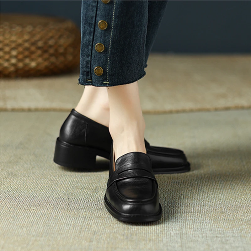 2023 New Spring Autumn Leather Women's Loafers Platform Slip on Shoes for Women Casual Flats Shoes Woman Classics Black Style