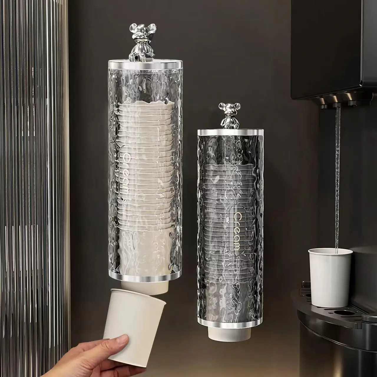 water-ripple-automatic-cup-holder-disposable-cup-organizer-wall-mounted-home-use-no-punching-needed-paper-cup-rack
