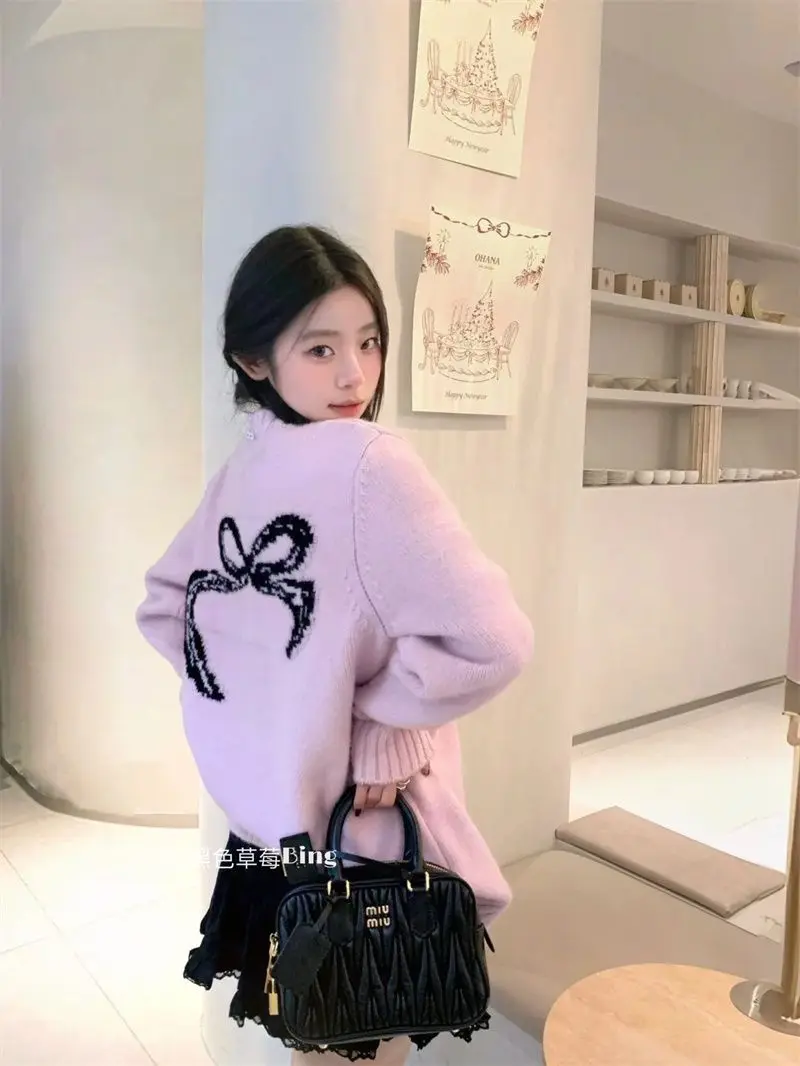 Back Bow Loose Knit Pink Sweater Cartoon Cute Pullover Sweatertop Women 2024 y2k clothing fairycore 2000s kawaii grunge korean