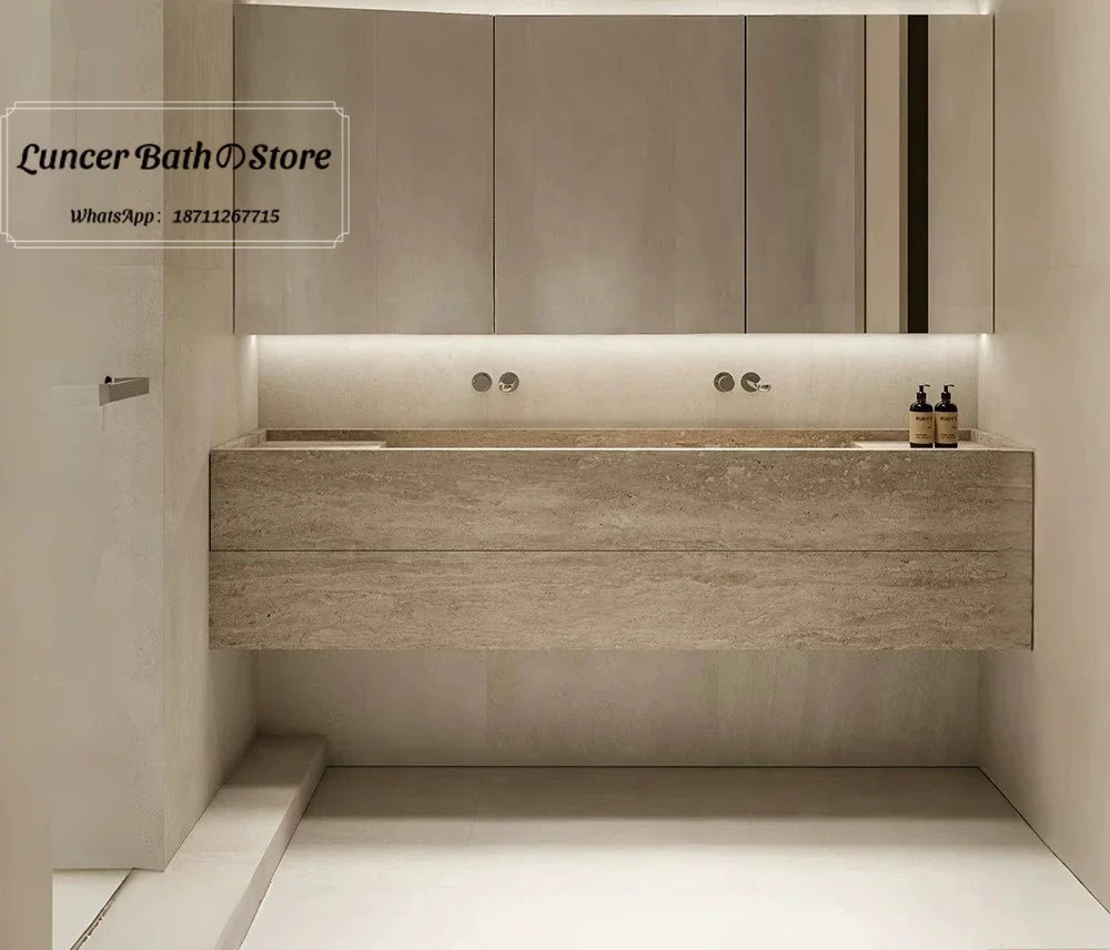 Yellow Travertine Luxury Stone Rock Slab Double Basin Vanity, Narrow Edge Deep Sink Bathroom Cabinet with Dual Faucets