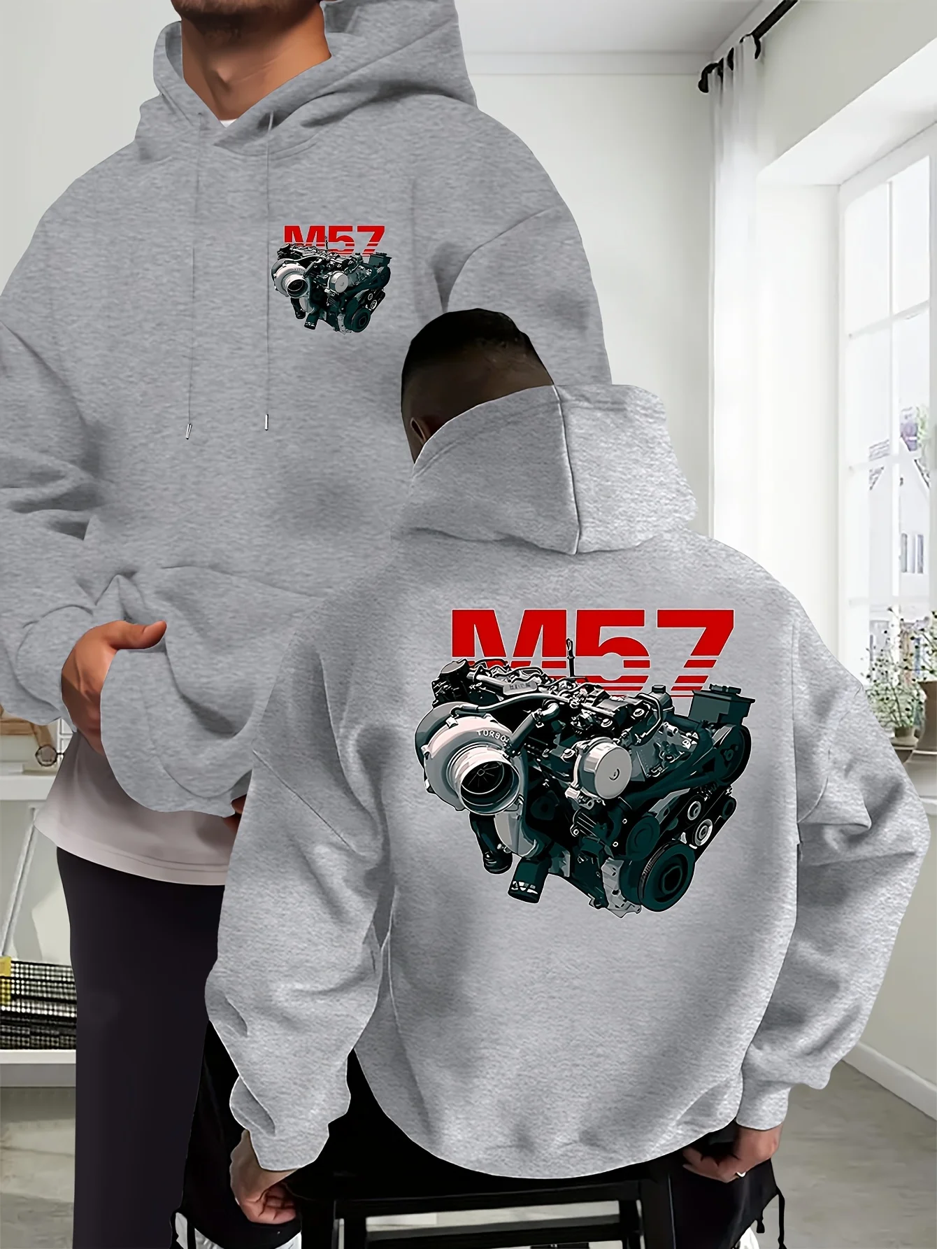 2026 Automotive Engine Graphic Hooded Sweatshirt Men Women Double‑Sided Mechanic Theme Loose Streetwear Pullover