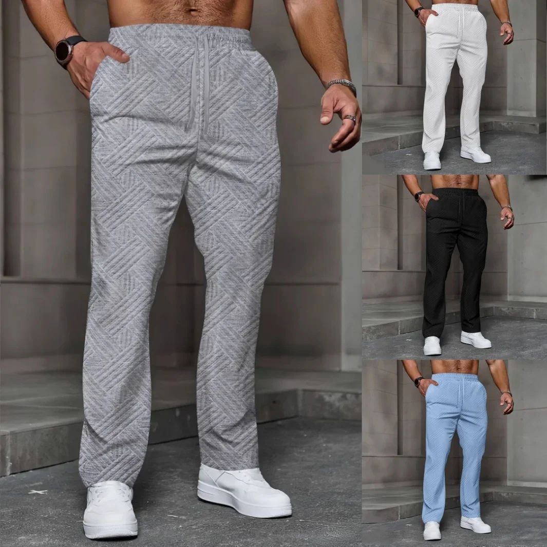 

Men's Solid Color Sporty Casual Trousers Fashionable Jacquard Elastic Waist Street Pants Loose Fit All-Season