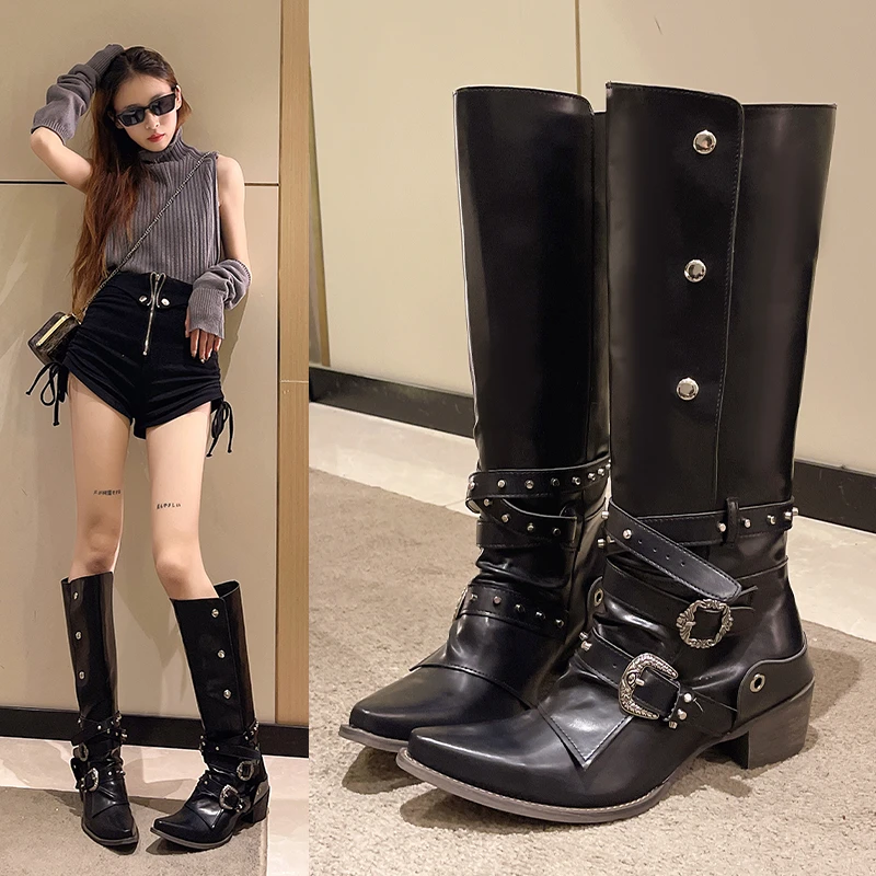 

New Style Fashion Women Metal Comfort Thick Heeled Black Boots Autumn Pointed Toe Leather Mid Calf Boots Woman Motorcycle Boots