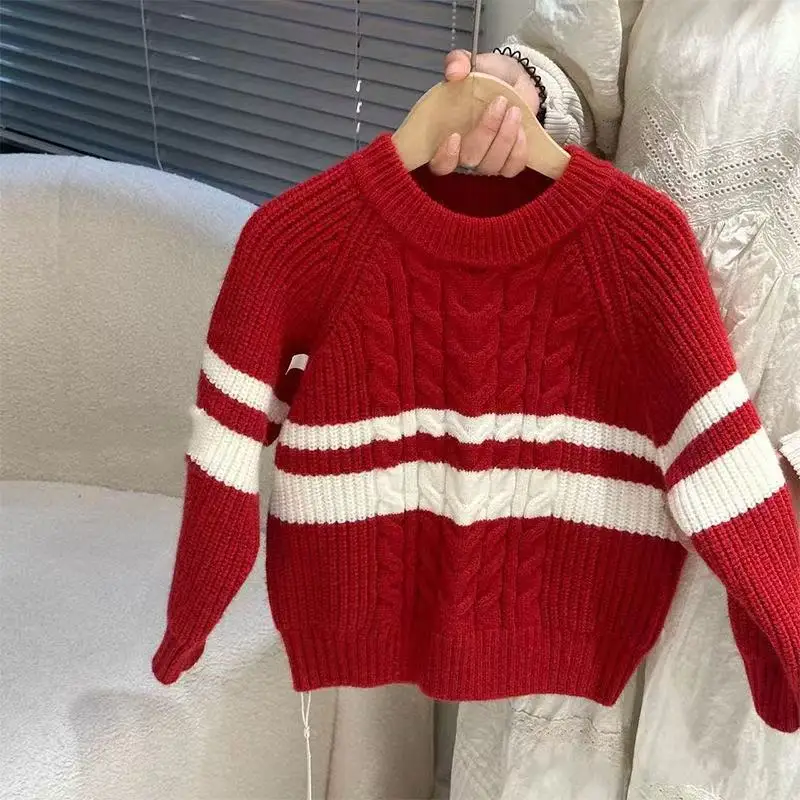 

Boys' Sweaters Christmas Winter Knitted New Thickened Warm Knitted Sweater Bottom Pullover Children's Top Round Neck 80-130CM