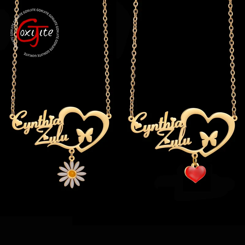Goxijite Personalized Name Color Daisy Necklace For Women Stainless Steel Custom Love Nameplate Necklaces Party Jewelry Gift