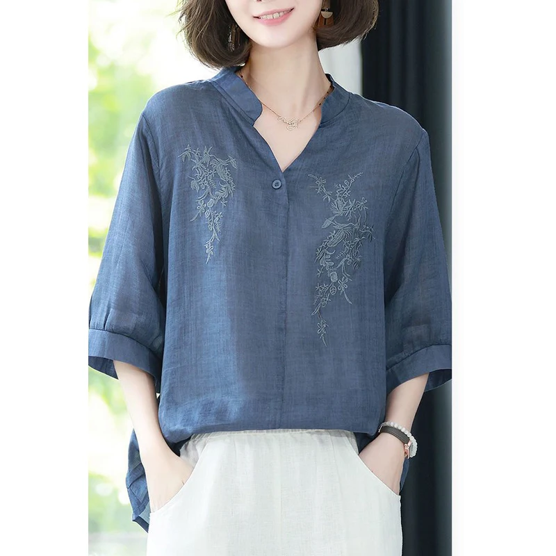 Women\'s Clothing Vintage Embroidery Elegant Blouse Summer Fashion V Neck Half Sleeve Shirt Solid Loose Chic Ladies Tops Blusas