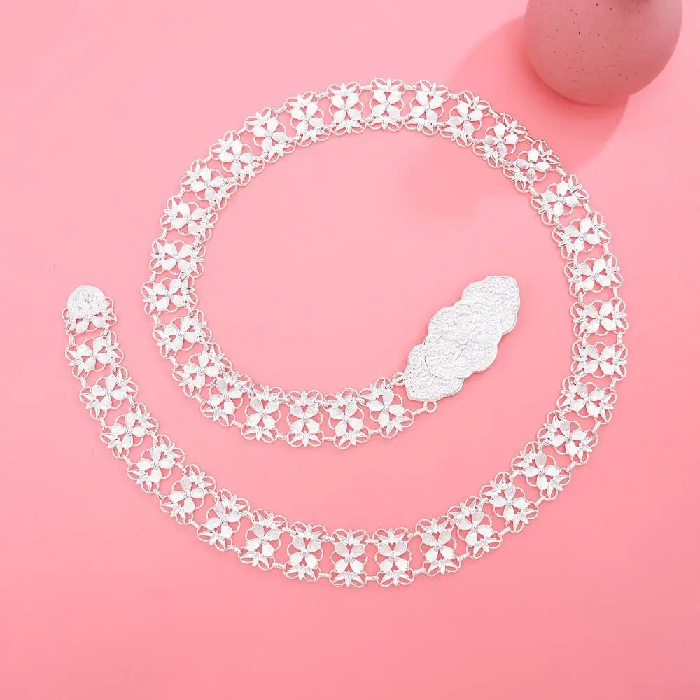Cinturón de Metal Estilo Étnico con Borlas y Flores Plateadas, Cadena de Cintura Metálica, Joyería para Muñeca, Cinturones de Cadena Calados para Vestidos de Baile
