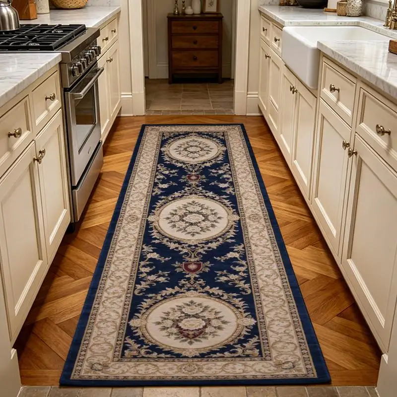 French Retro Navy Blue Runner Rug Traditional European Floral Pattern Washable Long Corridor Rug Hallway Entryway Kitchen Floor Mat