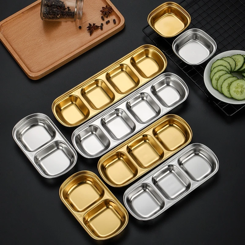 Korean Style Seasoning Dish Gold Silver Color Stainless Steel Barbecue Sauce Dish Plate Soy Sauce Dish Square Snack Plate