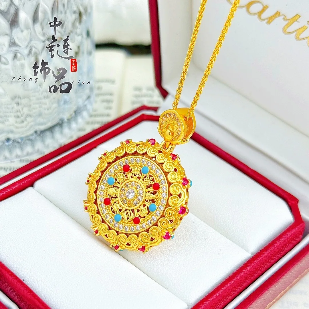 Enamel color inlay diamond rotating eight treasures compass pendant new Chinese aromatics eight treasures 9999gold