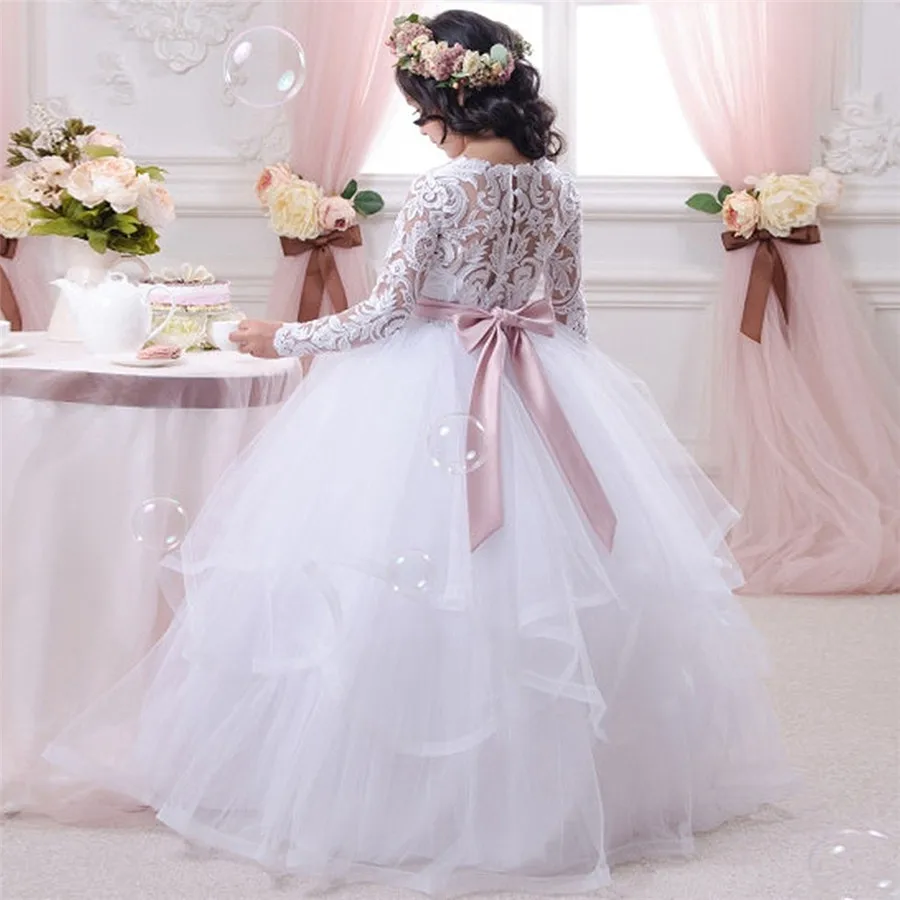 Vestidos blancos de encaje esponjoso para niña, vestidos de flores para bodas, vestido de baile de tul de manga larga, vestidos de fiesta de desfile de primera comunión