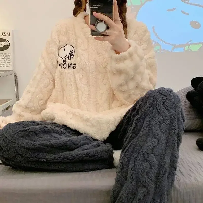 2023 Women\'s Snoopy Pajamas Set Winter Warmth Fall Nightwear Hoodie Pants Korean Girls Sleepwear Cute Home Costume Girlfriends