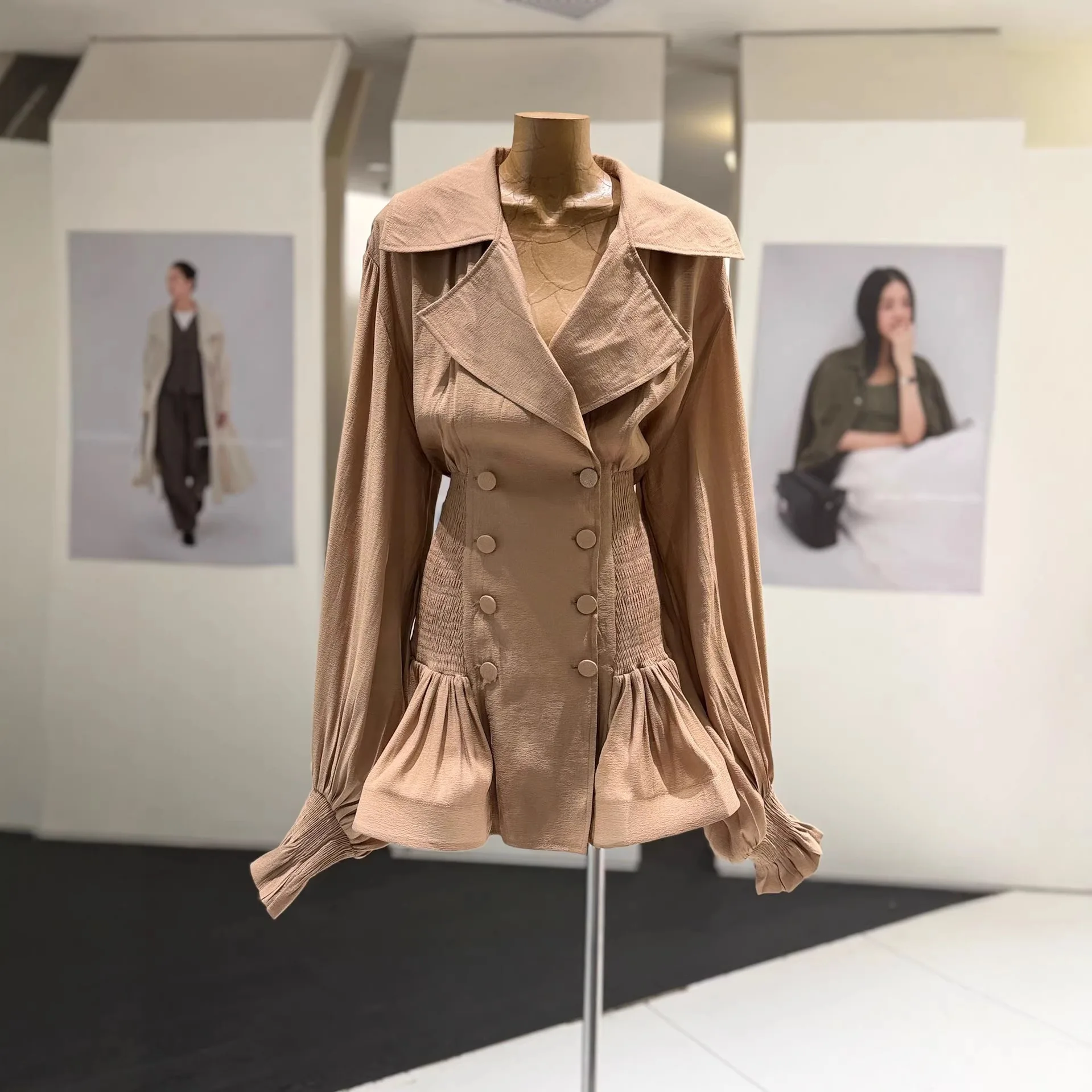 

Elegant Pleated Wrap Waist Short Dress Turn-down Collar Flounce Skirt High Waist Chiffon Summer Commute Fashion Women's Dress