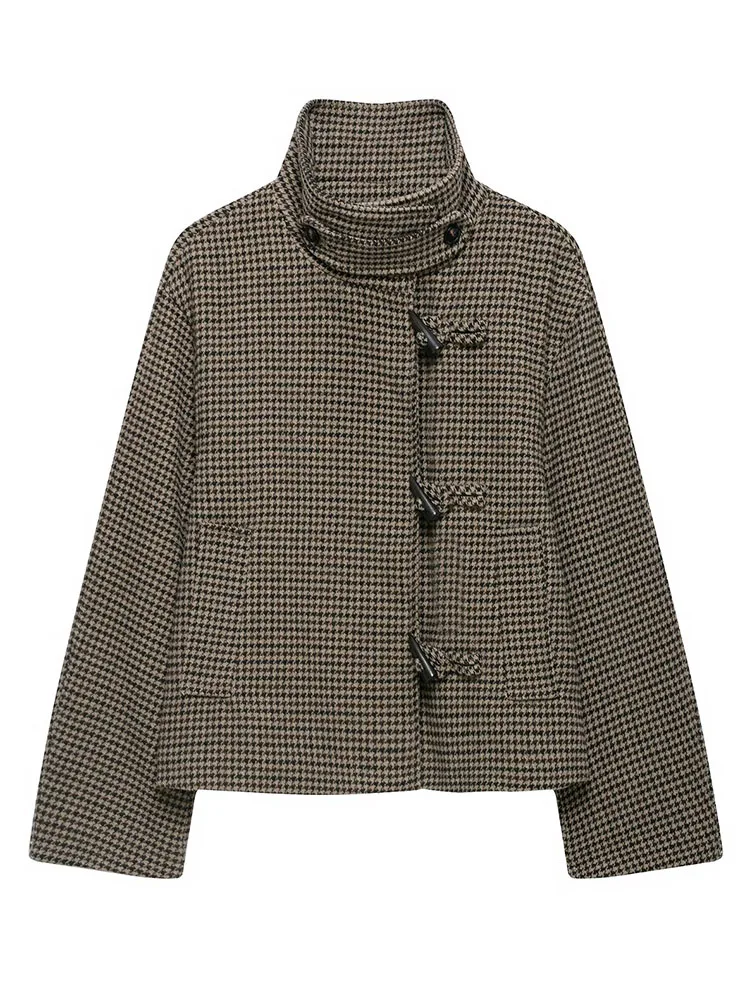 HH Women Vintage Checkered Houndstooth Short Jacket Winter Fashion Coat Oversized Fit Warm Outerwear Streetwear Jacket