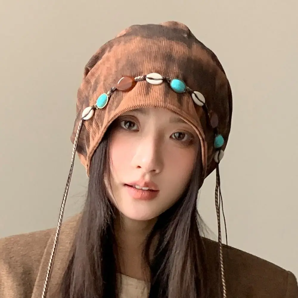 Beading Baggy Cap Bohemian Style Large Head Circumference Stacked Hat Polyester Keep Warm Pullover Hat for Women and Girl
