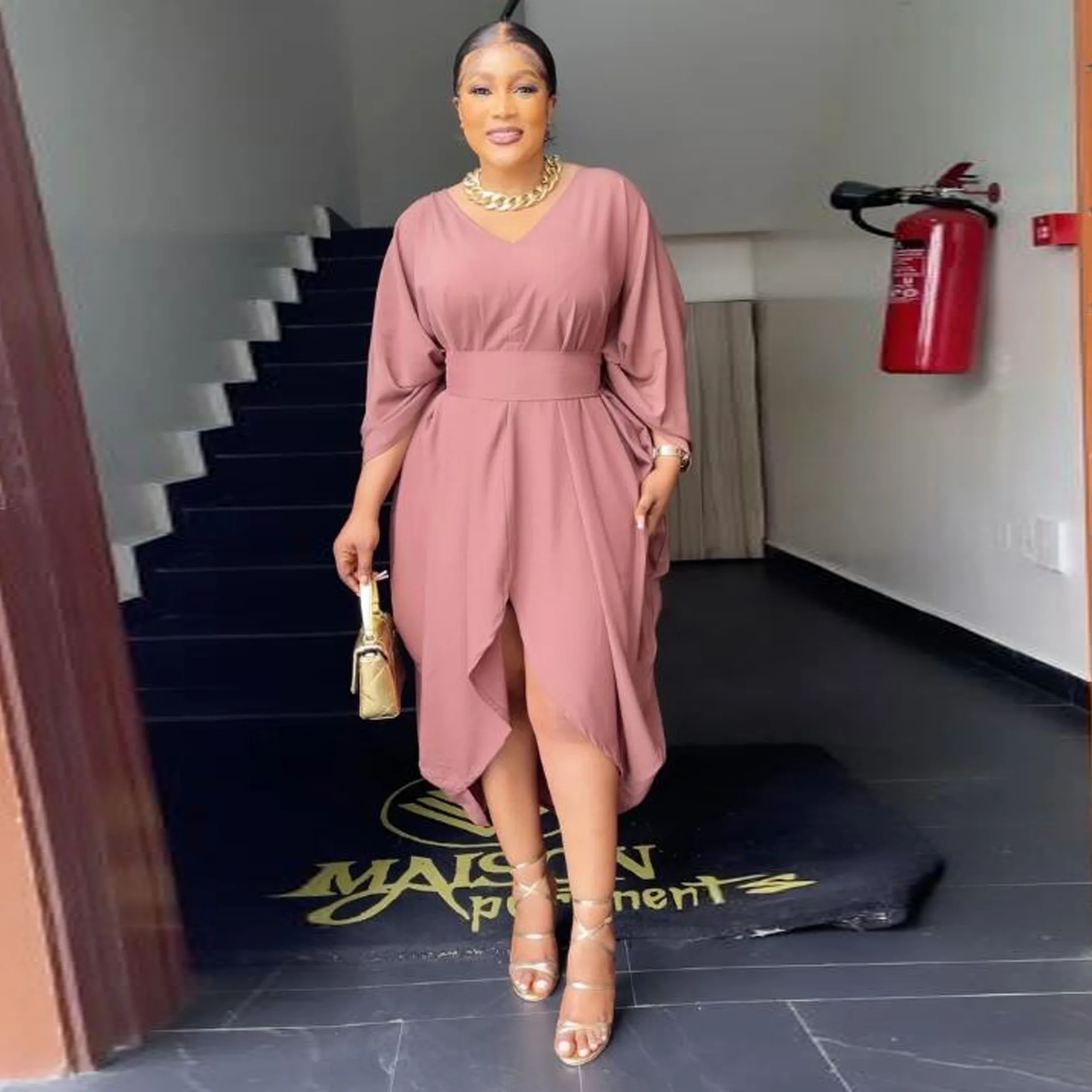 

Womens Casual Batwing V-neck Long Sleeve Irregular Solid Midi Dresses 2023 Fashion Elegant Party Dresses with Belt Vestidos