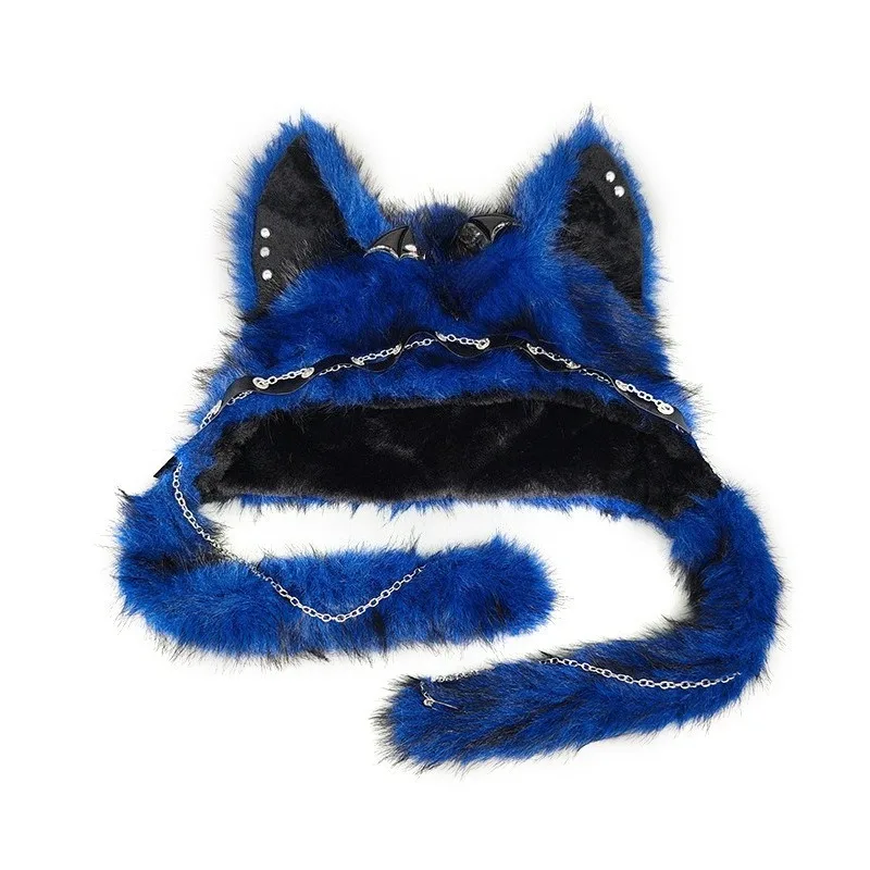 Blue Black Gradient Furry Fox Ear Hood Hat Punk Rivet Metal Chain Integrated Headwear Cosplay Photo Prop Warm Women Street Wear