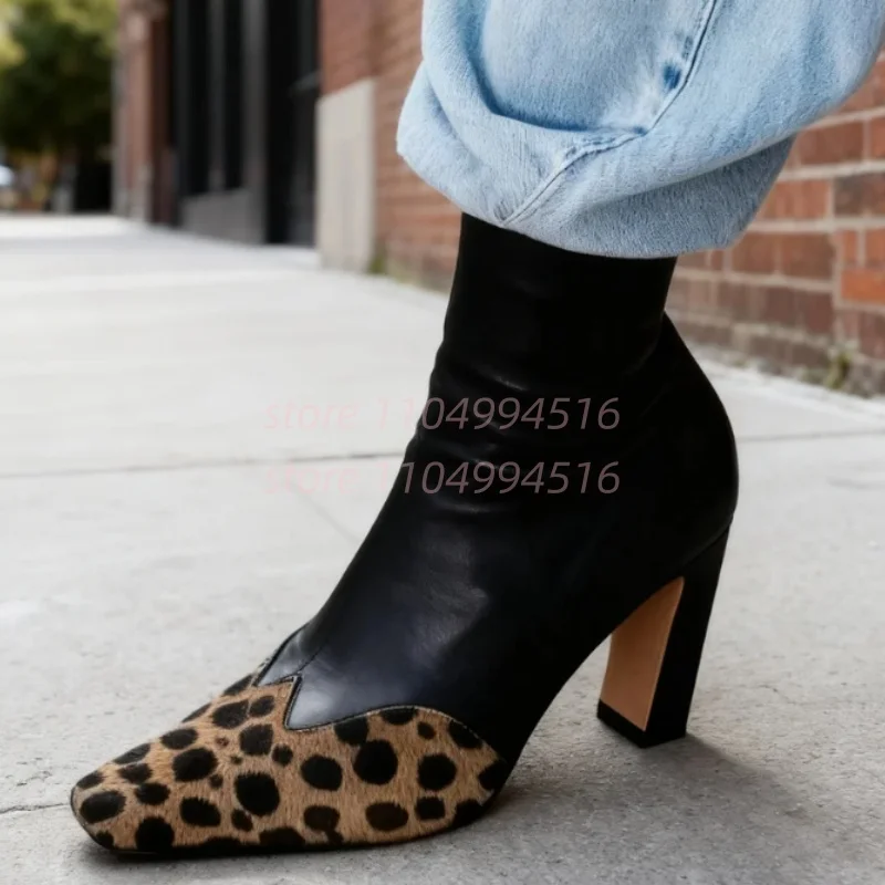 

Leopard Patchwork Square Toe Ankle Boots Women Leather Side Zipper Chunky Heel Boots Fashion Street Style Shoes New Arrivals