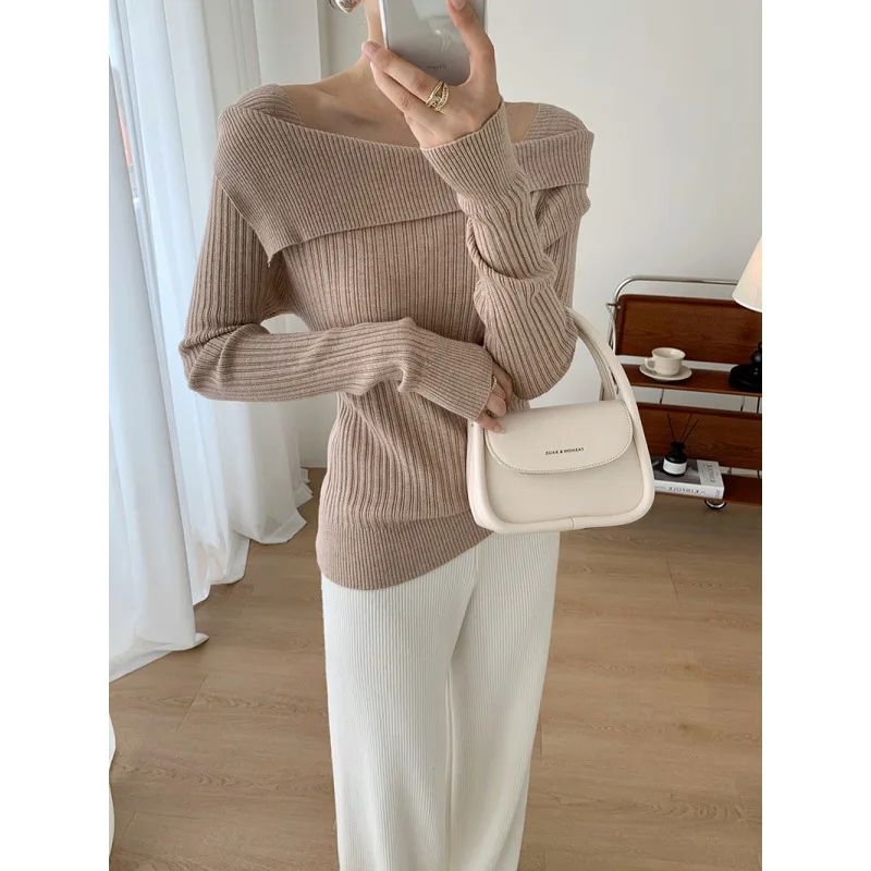 Korean Knitted Pullover Women Lapel Off Shoulder Slim Long Sleeve Sweater Y2k Clothes