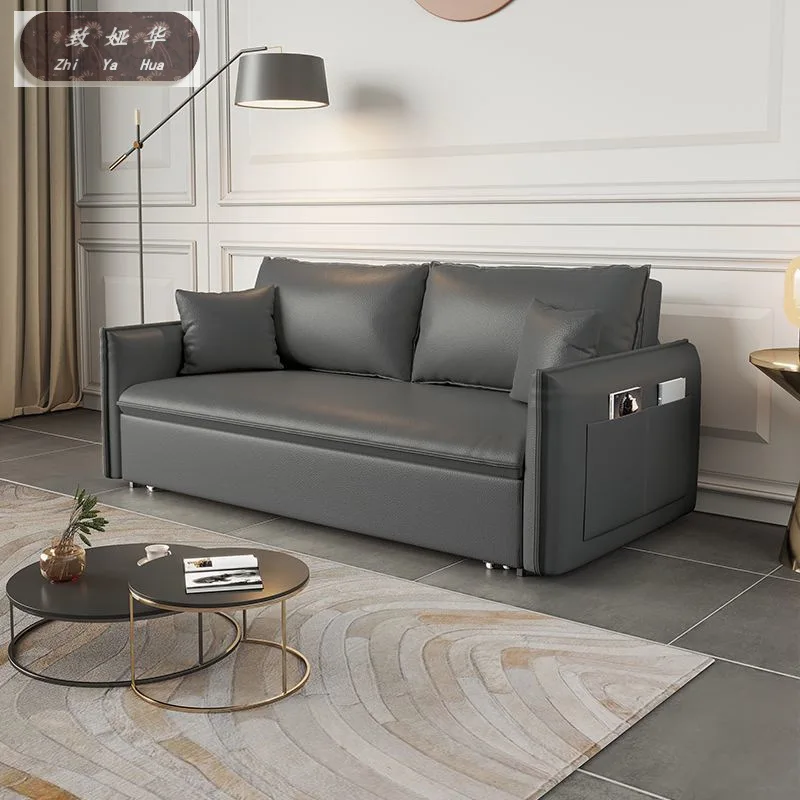 Multi-functional living room, double small apartment, Nordic light luxury pull-out leather sofa bed, leather folding and dual-