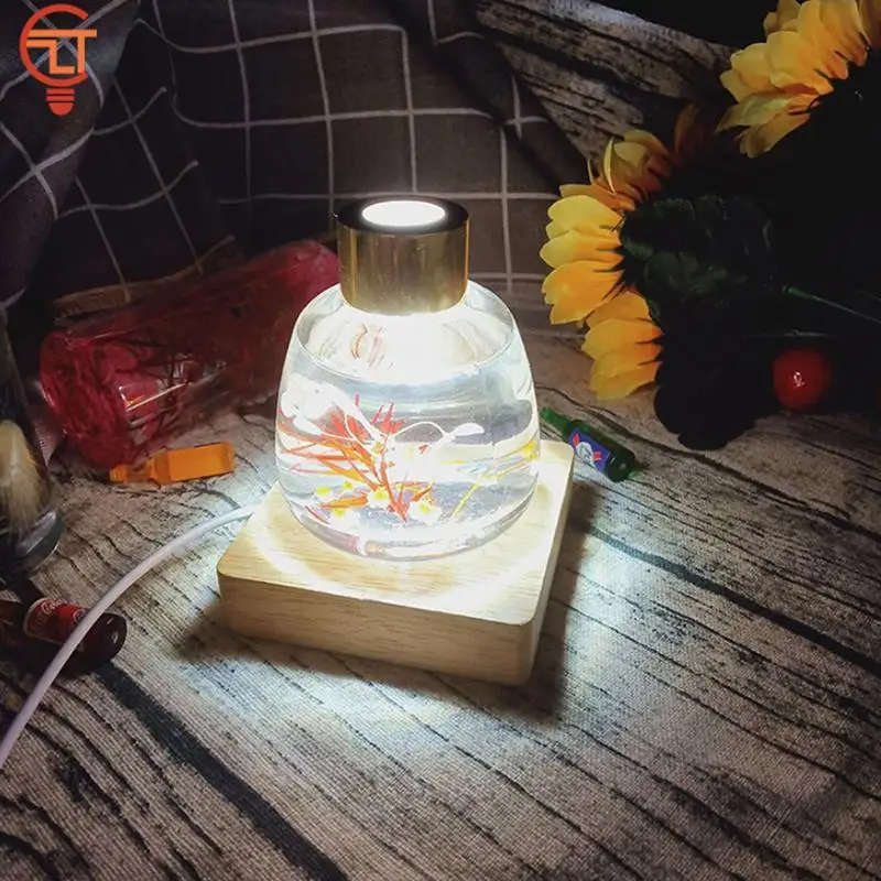 7cm Square Wood LED Light Dispaly Base Crystal Glass Resin Art Ornament Wooden Night Lamp Base LED Light Rotating Display Stand