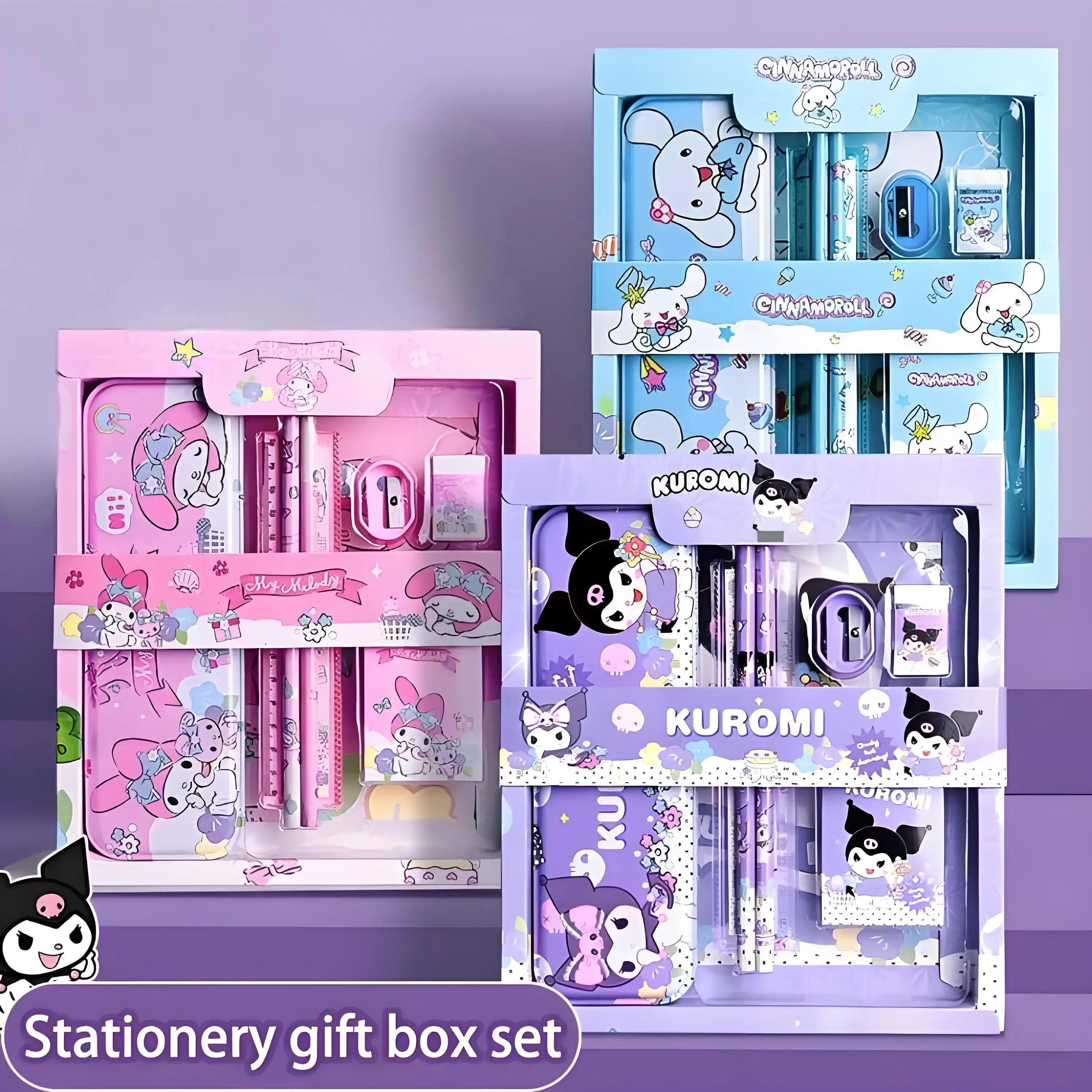 

Подарочная коробка для канцелярских принадлежностей Kuromi Melody Cinnamoroll для мальчиков и девочек, 12 предметов учебных канцелярских наборов, новые горячие милые канцелярские наборы.
