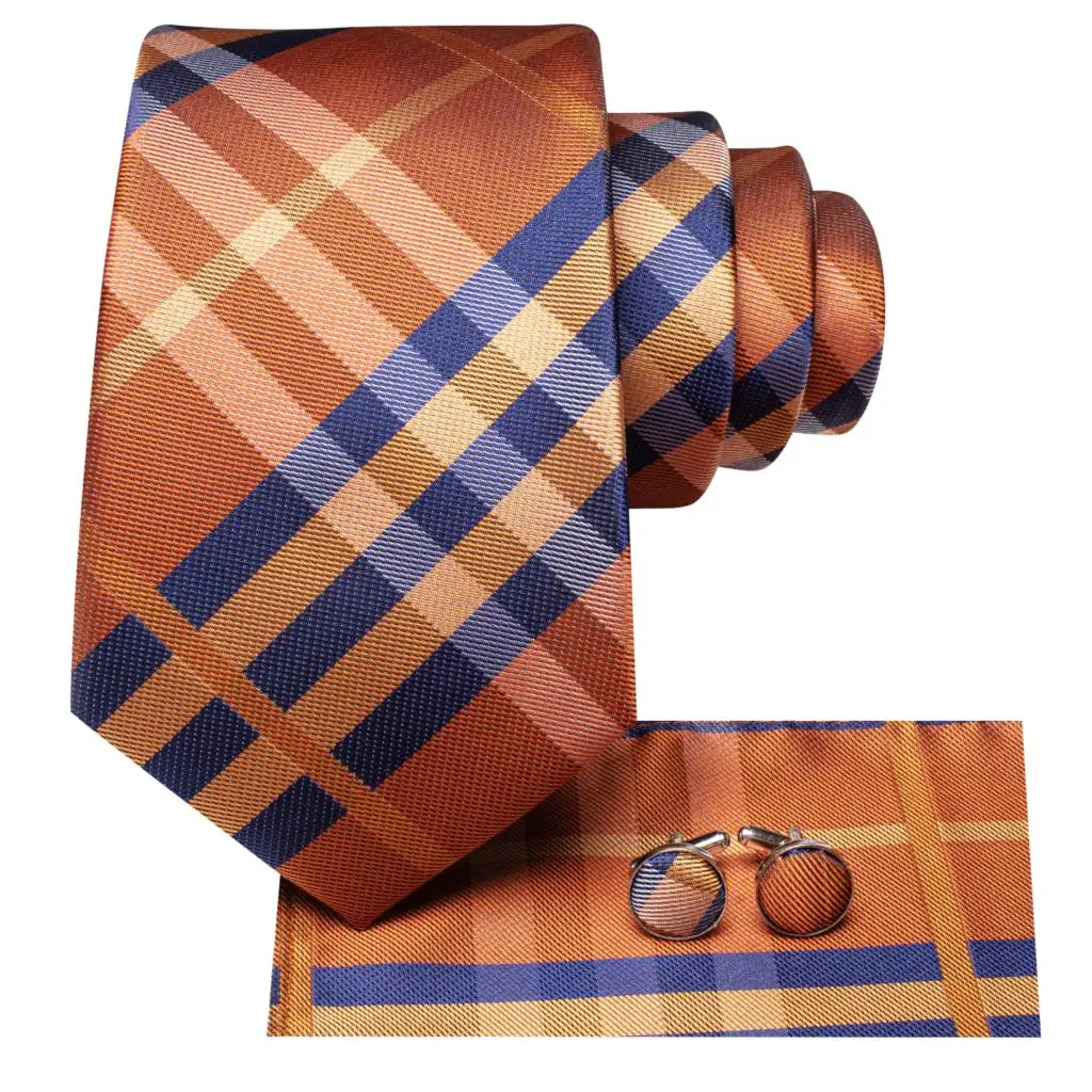 Plaid Orange Blue Silk Wedding Tie For Men Handky Cufflink Gift Men Necktie Fashion Business Party Dropshiping Hi-Tie Designer