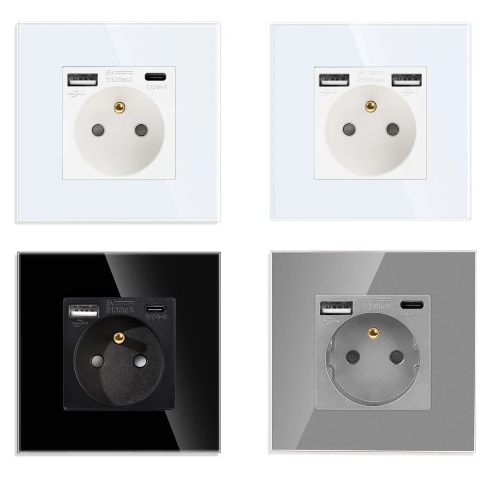 Tomada de parede do painel de vidro temperado padrão francês com USB, tipo C Plug Power, tomada elétrica, AC 110-250V, 16A, 5V, 3100mA