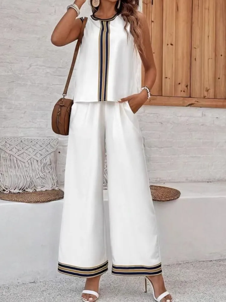 レディースファッション ノースリーブトップスとハイウエストワイドレッグパンツの2ピースセット エレガントなパッチワークデザイン ボヘミアン風 ホリデー/夏服
