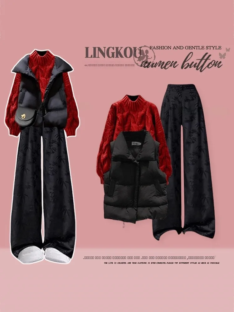 

Anti-Aging Large Size Autumn Winter Knitted Set Women's Fashionable Cotton Vest Red Knitted Sweater New Chinese Style Casual ...