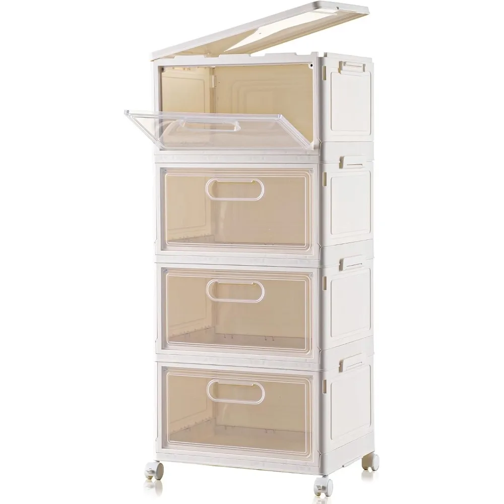 

4-Tier Stackable Storage Bins with Lids, 23QT Storage Containers,Clear Foldable Plastic Drawer Storage on Wheels,Closet Organize