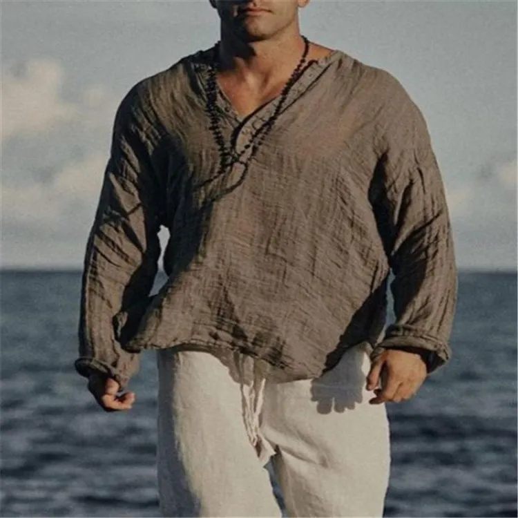 

New fashionable men's casual shirt made of cotton and linen, with a standing collar and a loose and casual style. t shirt homme