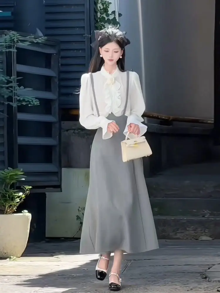 New French Autumn High End Women's Matching Set Ruffles Long Sleeve Shirt + Fashion Midi Suspender Skirt Elegant Two Piece Set