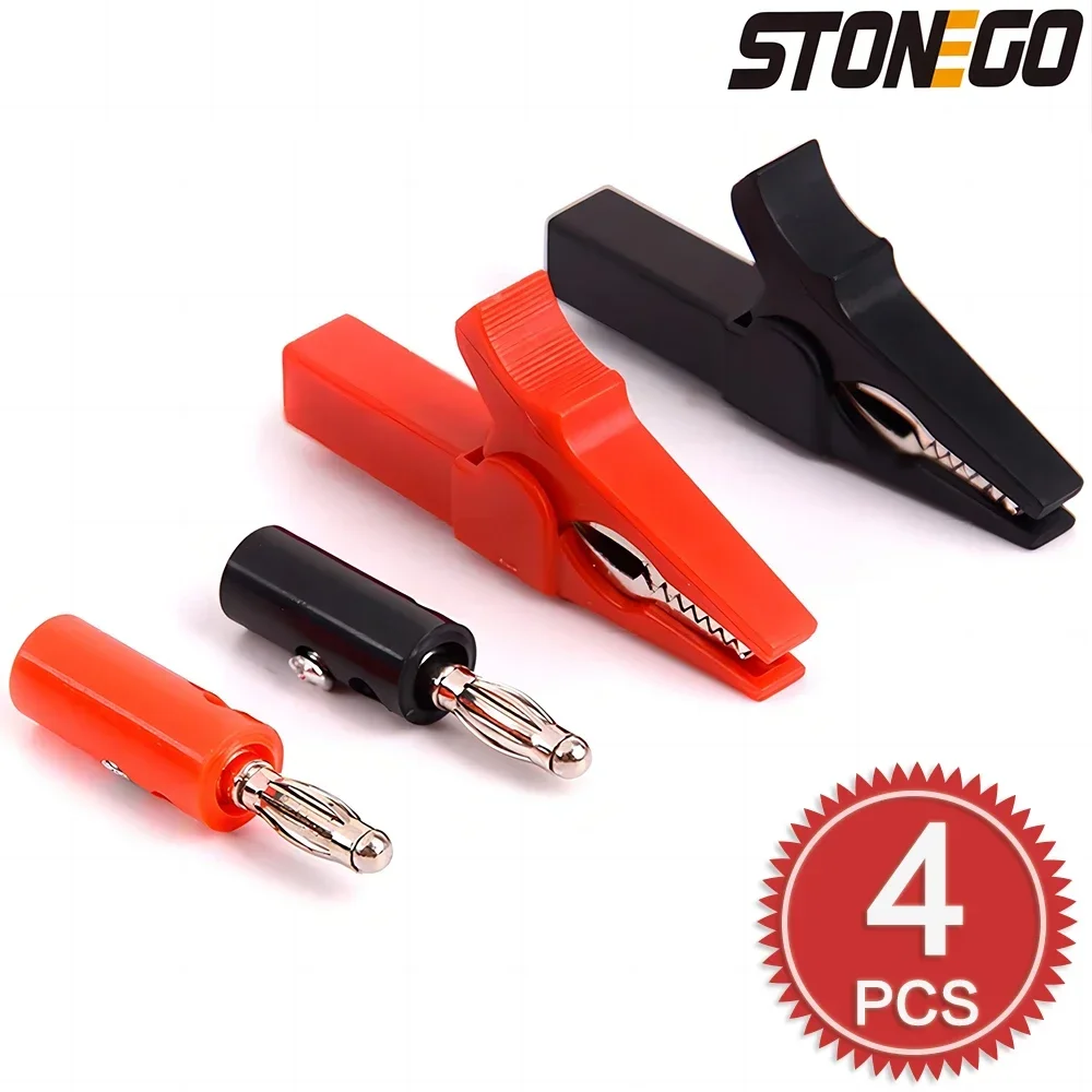 STONEGO 4Pcs/Set 55mm Alligator Clip Banana Plug Test Probes with 4mm Banana Plug Cable Clips for Red Black Test Accessories