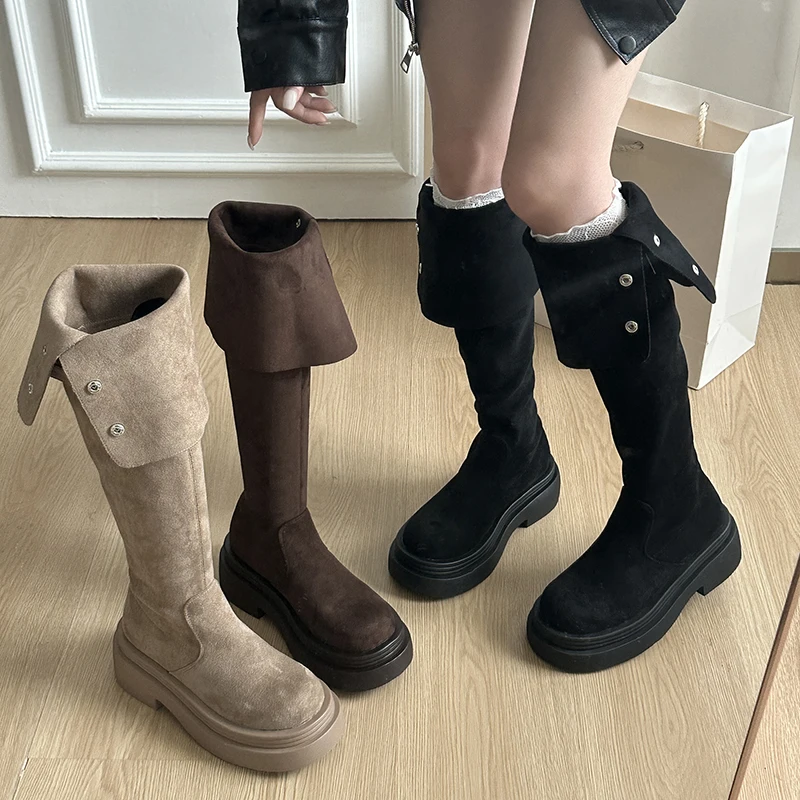 

Новинка 2025, модные сапоги до колена, женские длинные сапоги-трубы с круглым носком на среднем каблуке, осень-зима, новые рыцарские сапоги на грубом каблуке