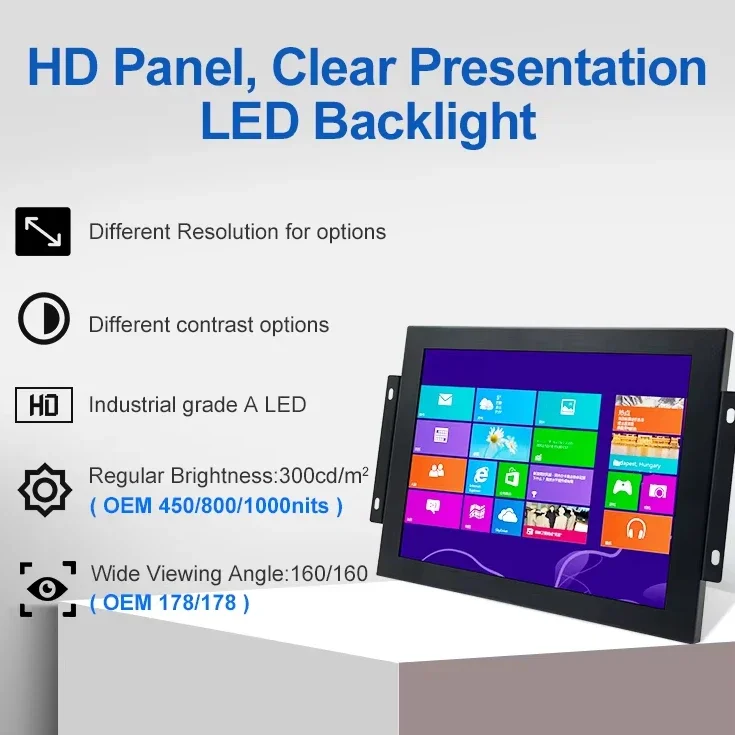 Open Frame VESA 7~27Inch Metal Monitor Wall Mounted Industrial Touchscreen LCD Display HD VGA Touch Screen Monitor