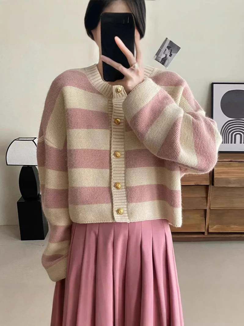 

Striped Knitted Cardigan Women's Autumn/Winter Button Loose Sweater Jacket Women's High end Small Fragrant Striped Knitted Sweat