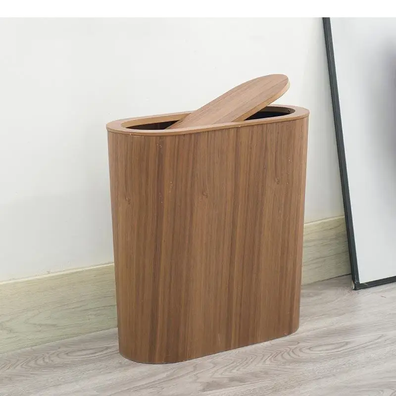 

Wooden Trash Can Household Cleaning Tools Office Wastebasket Rolling Cover Type Storage Bucket Oval Waste Bins