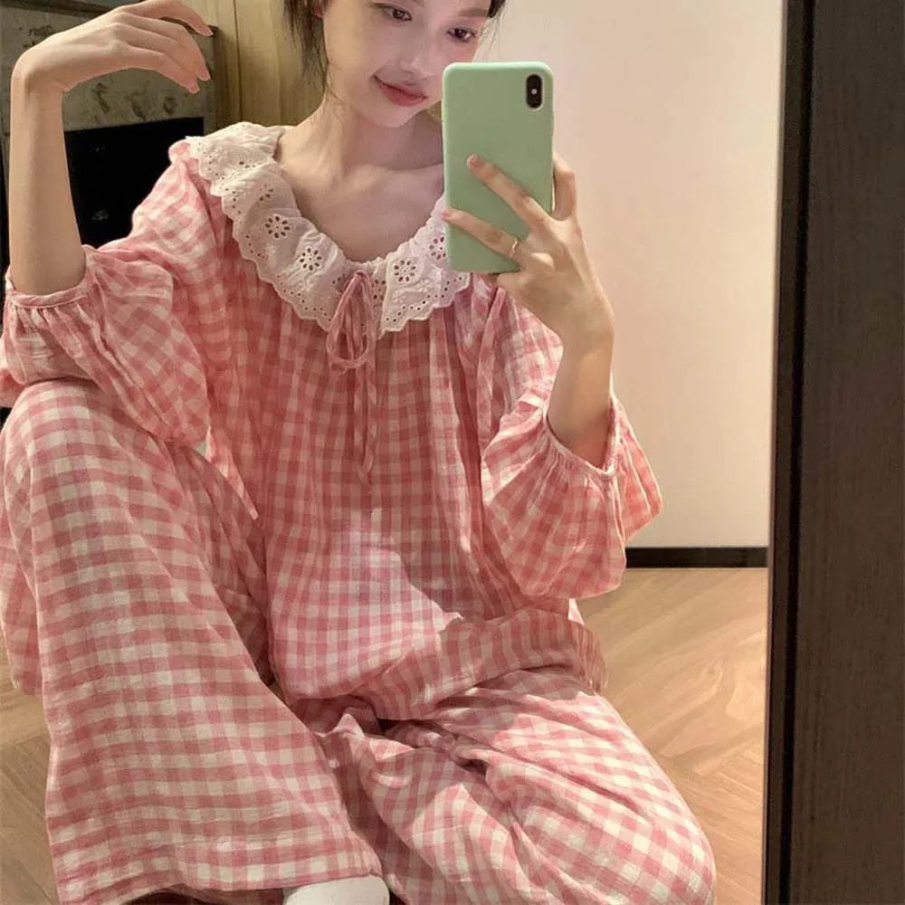 

Elegant Long Sleeve Plaid Lace Pajamas Loose Korean Pajamas Women Comfortable Homewear Sleepwear Suit Home