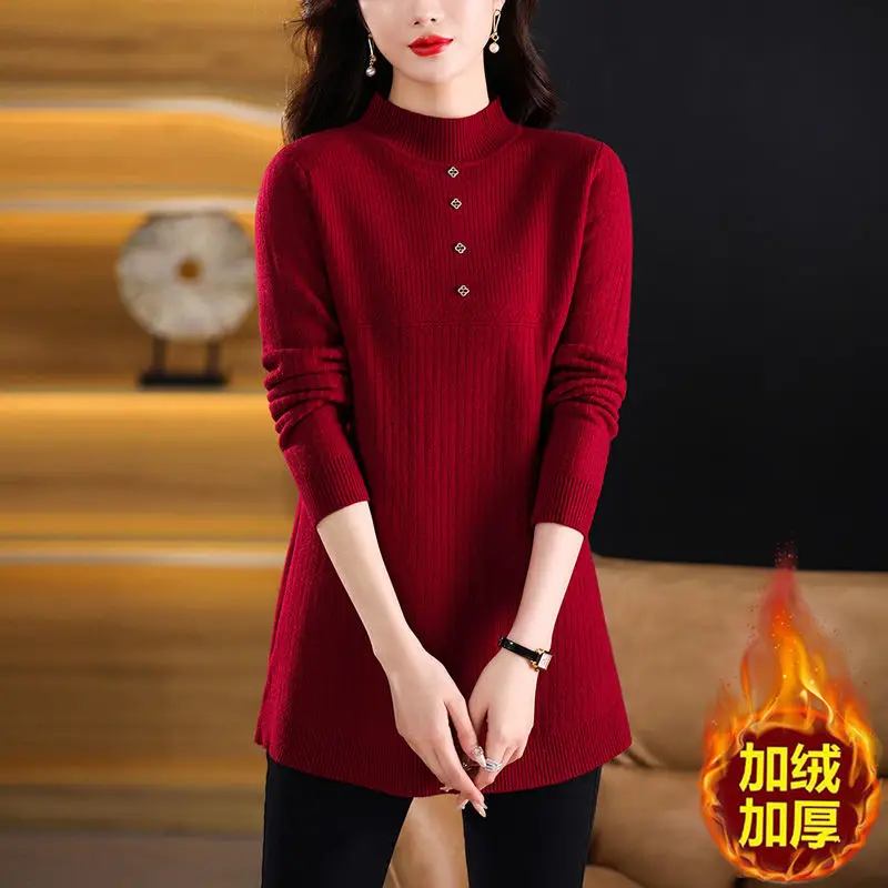 

High-quality Sweater Women New Coat Autumn Winter 2026Plus Velvet Mother Pullover Loose Bottoming Top Long Knitwear Skirt Ladies