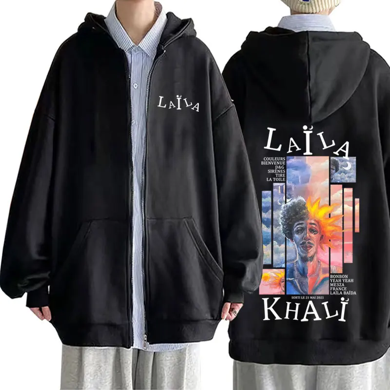 

Rapper Khali Laïla Graphic Zipper Hoodie Men Women Hip Hop Fashion Pop Music Zip Up Jacket Men's Casual Vintage Oversized Coat