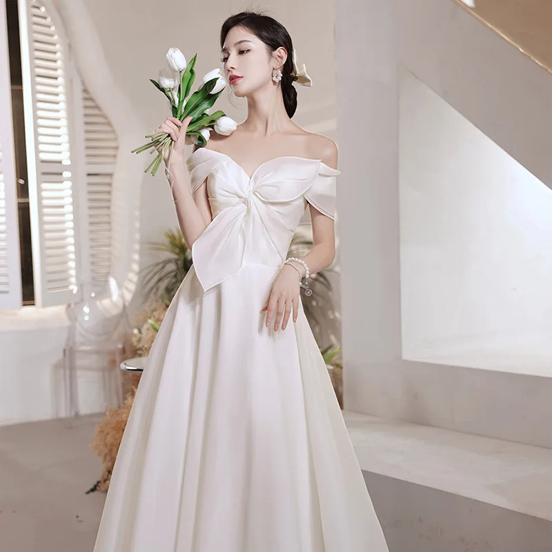 French Light Wedding Dress 2024 New Satin Mori Travel Photography Bridal Marriage Engagement Small off-Shoulder