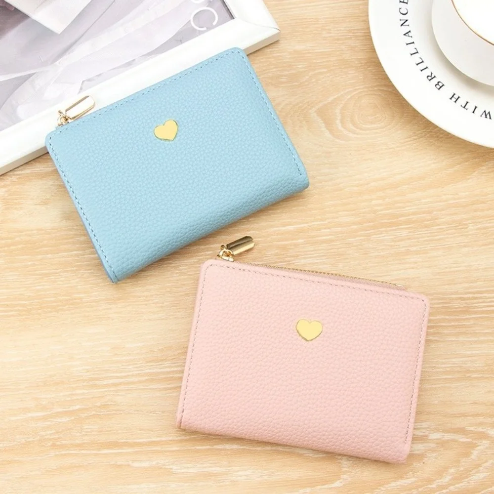 

Модный двустворчатый кошелек на молнии, однотонный, с защитой от потери, держатель для кредитных карт, сердце любви, большой вместительный женский короткий кошелек для путешествий