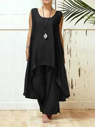 Pant Sets 2025 Two Piece Set Elegant Women Bohemian Party Sleeveless Irregular Tops Wide Leg Pants Solid Leisure Streetwear Suit
